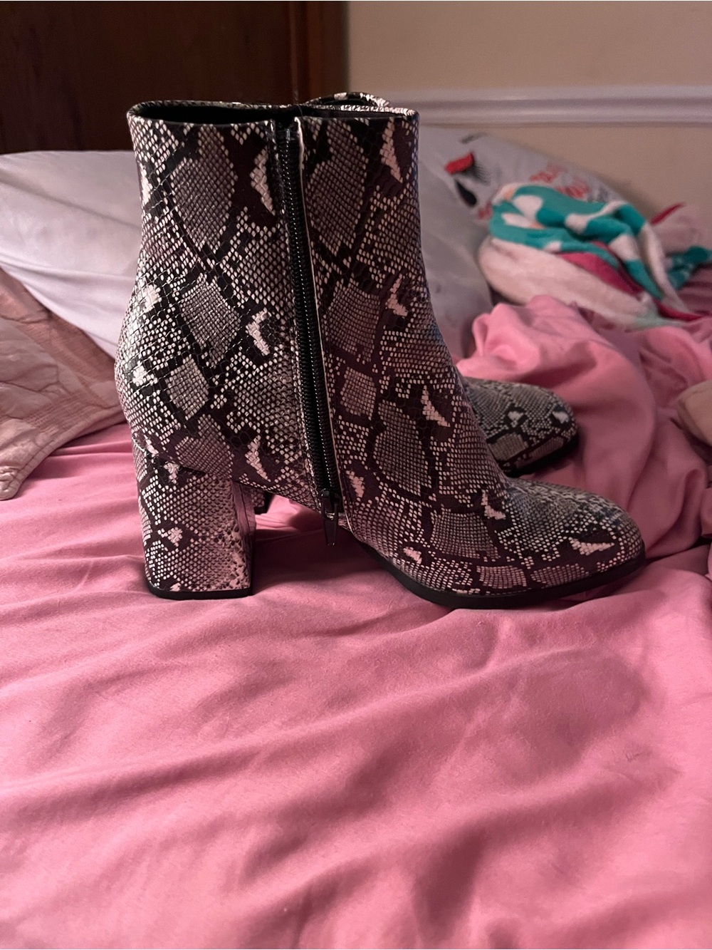 Snake-Print Block Heel Ankle Boots - Black/Gray